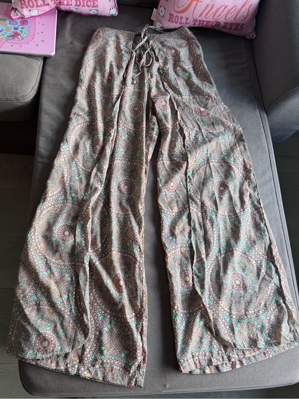 Wide Leg Boho Print Pants - Brown & Teal